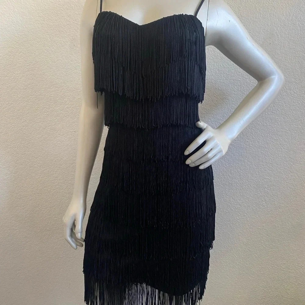 Vintage 80s Small New Leaf black spaghetti strap fringe mini Dress